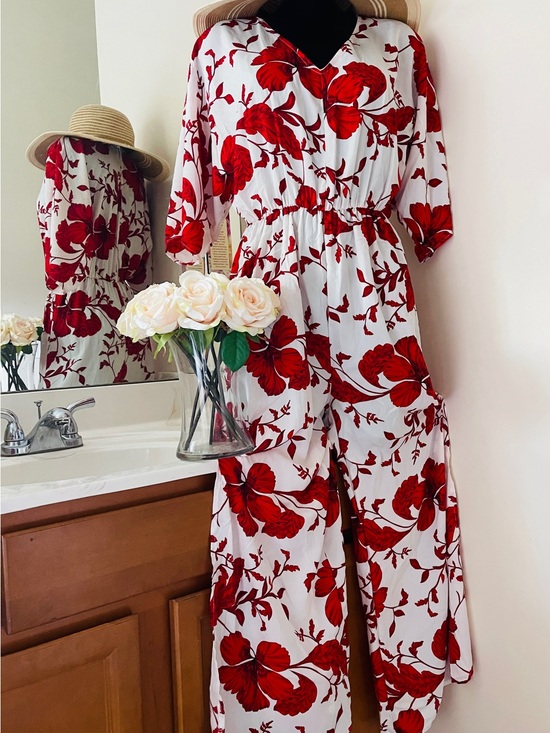 Pants - RAW EDGE Women’s Jumpsuit  LARGE Red white Floral Overall Wide Leg size L